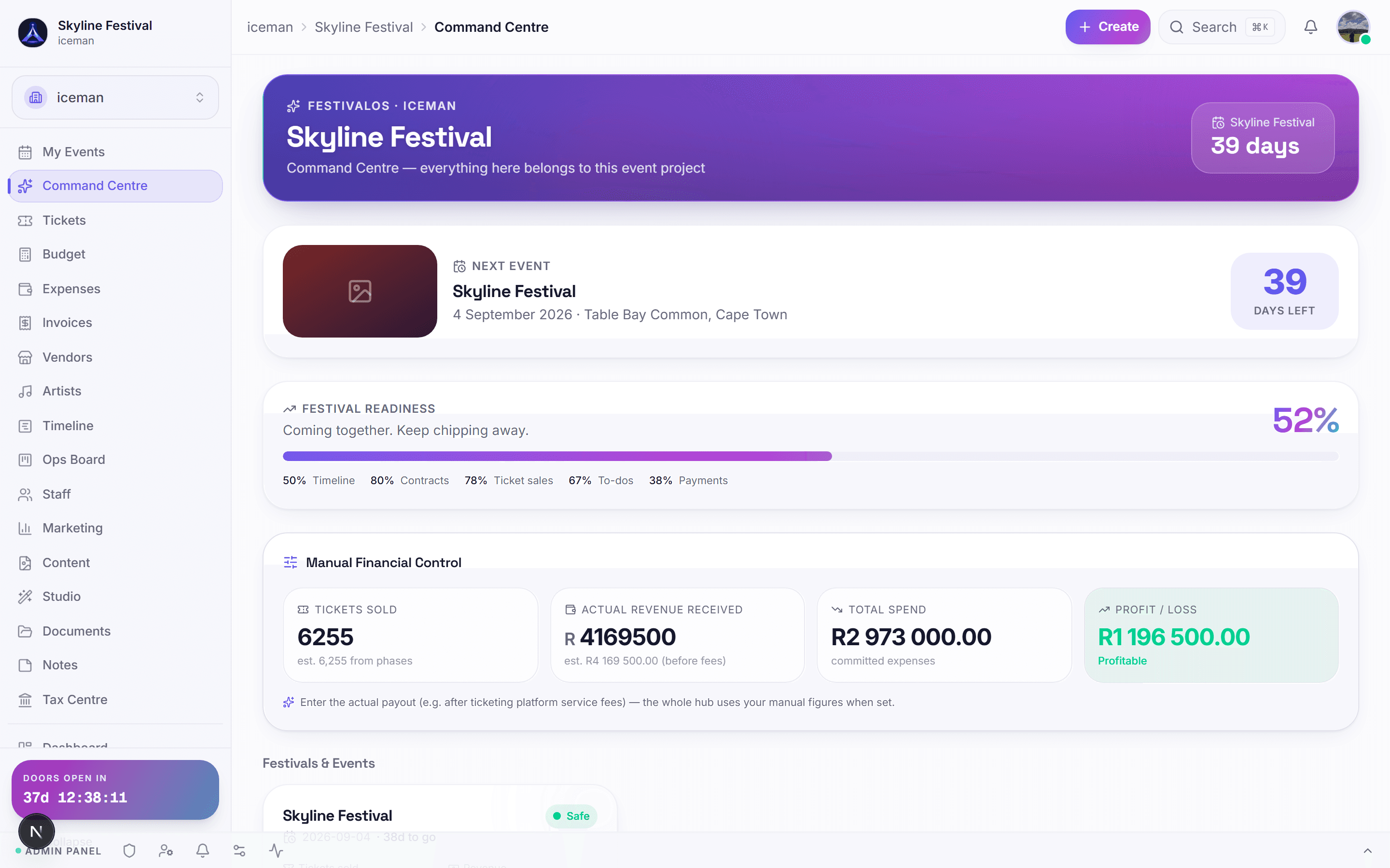 The Festival Copilot command centre with readiness and money summary