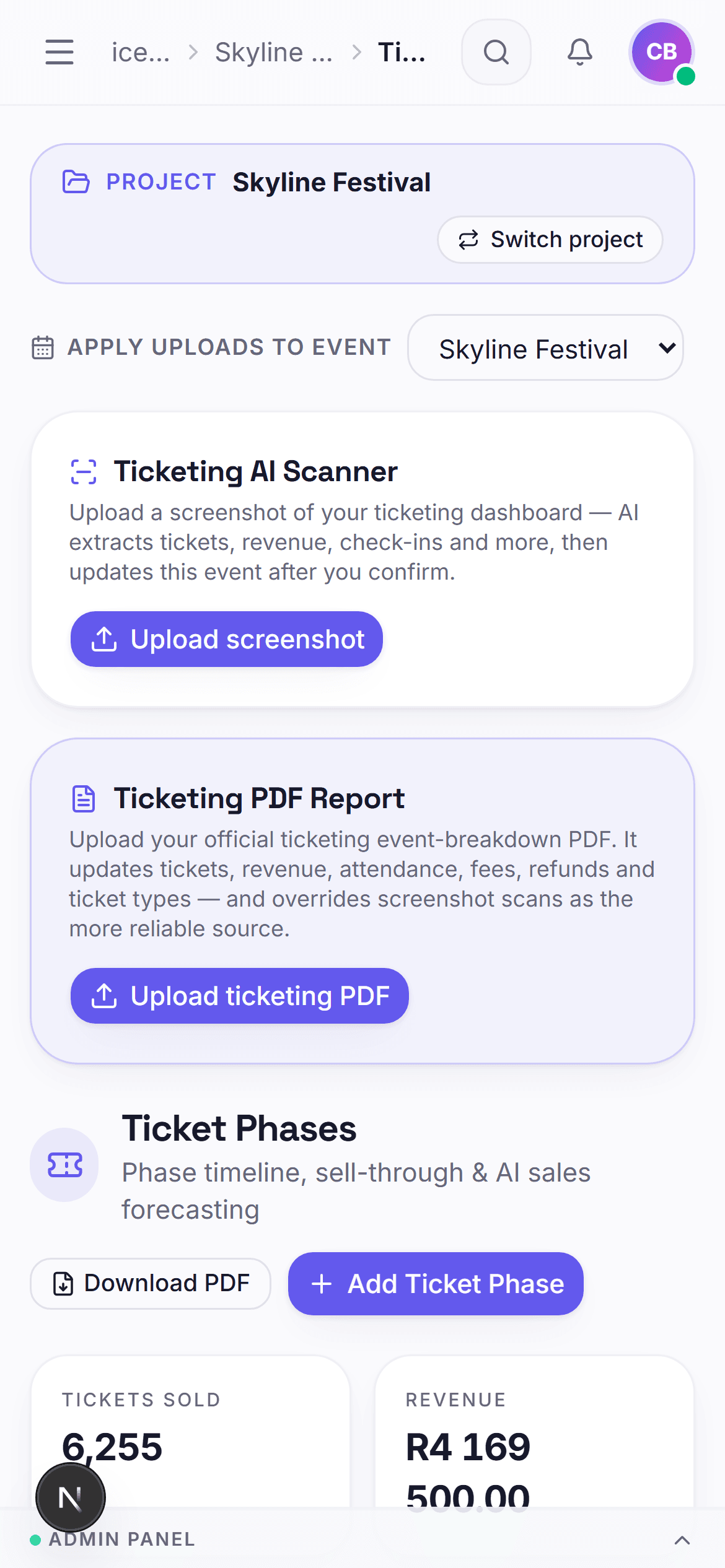 Live ticket sales on mobile